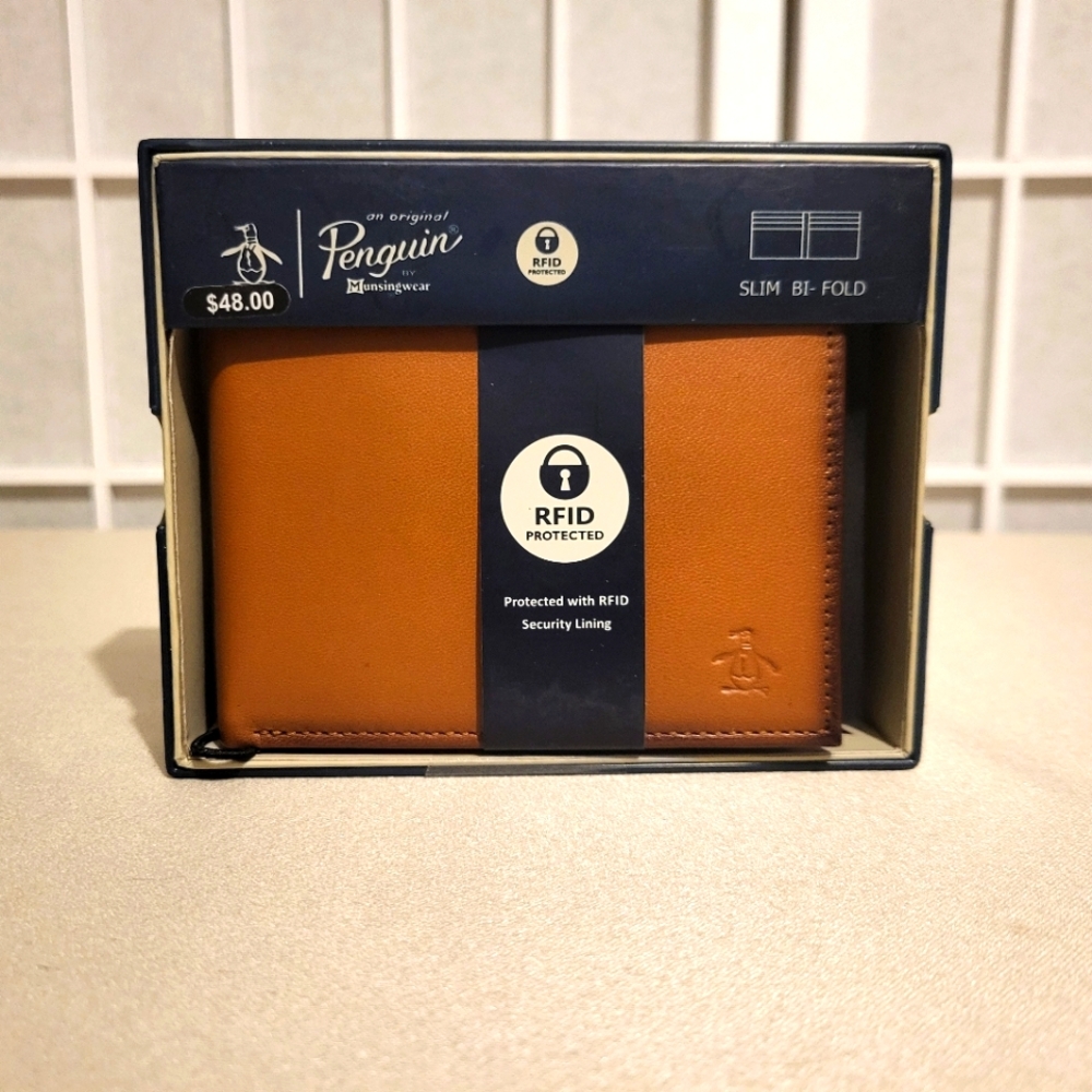 Original Penguin Premium Leather Slim Bifold Wallet RFID.  NWT